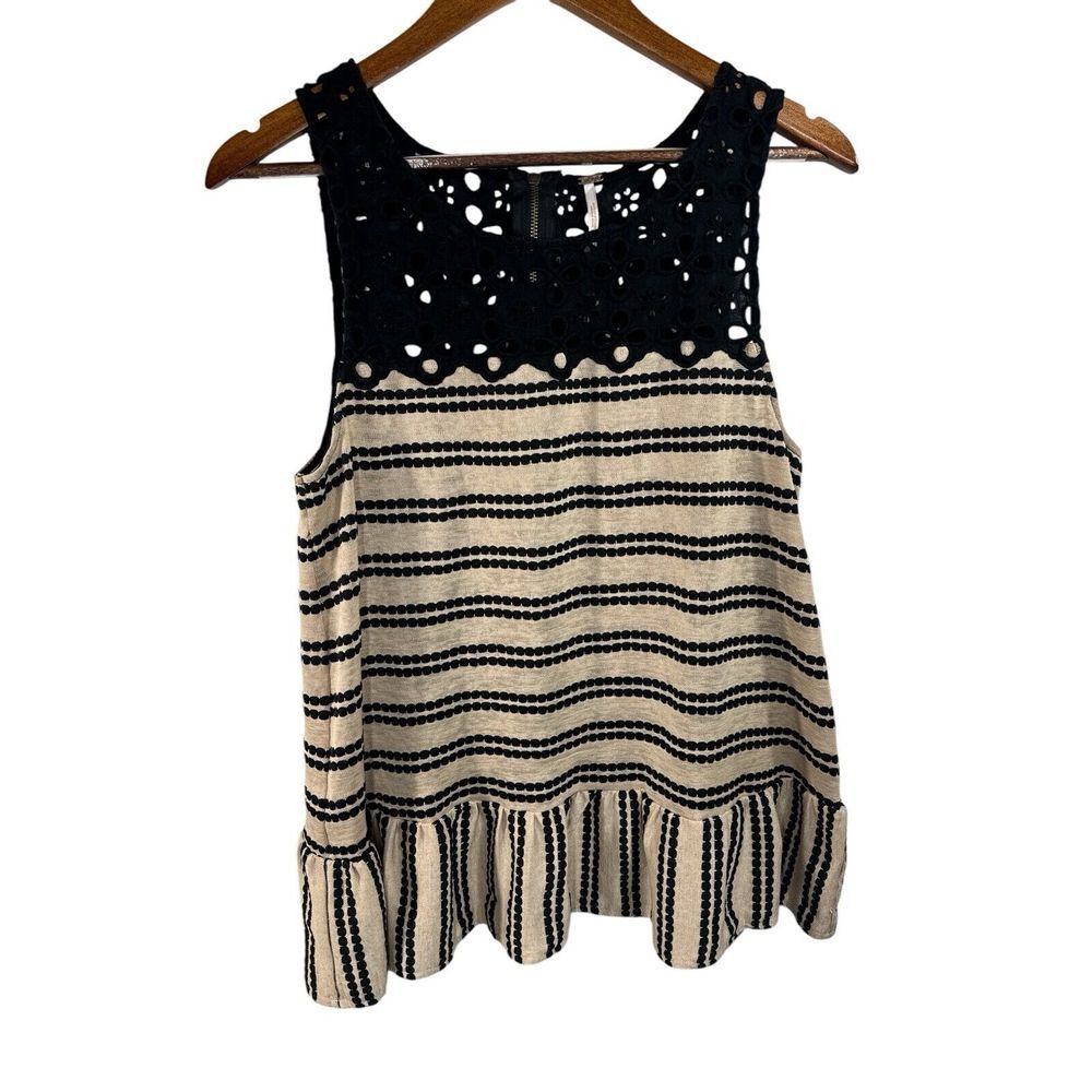 Free People Size L Molly's Retro Peplum Top Women's Stripe Eyelet Tank - Picture 2 of 10